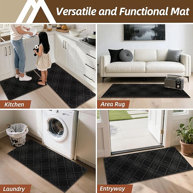 COSY HOMEER Kitchen Rugs and Mats Sets 2PCS Non-Slip Soft Kitchen Mats for Floor Absorbent and Stain Resistant Kitchen Floor Mat Washable Plaid Rugs for Kitchen,20"x32"+20"x48",Black