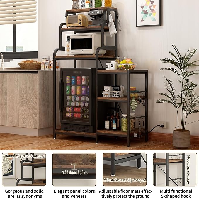 Bakers Rack with 7-Tier Mini Adjustable Shelves and Power Outlet, Heavy-Duty Metal Frame Kitchen Shelf Organizer, Mini Fridge & Microwave Stand for Kitchen, Dorm, Living Room, Walnut Brown