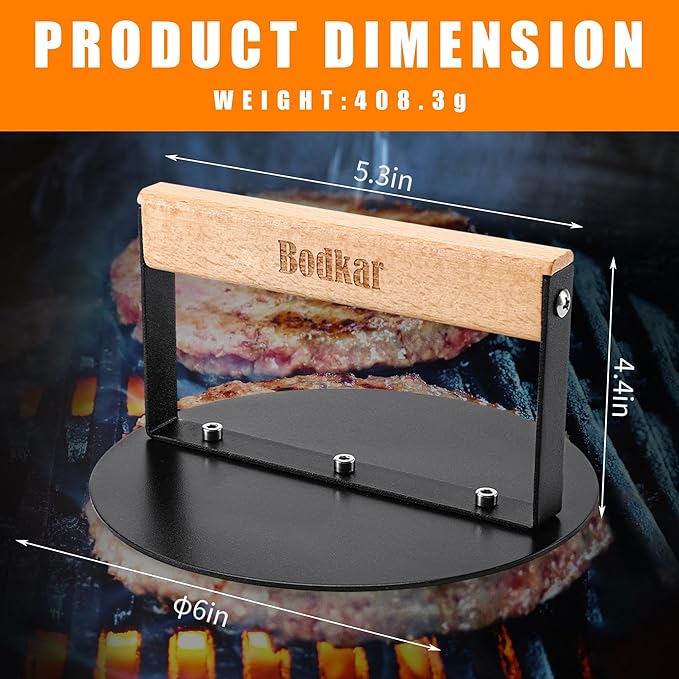 Smash Burger Press 6 inch, Round Burger Smasher Grill Press for Griddle Bacon Press Meat Steak Press with Wood Handle