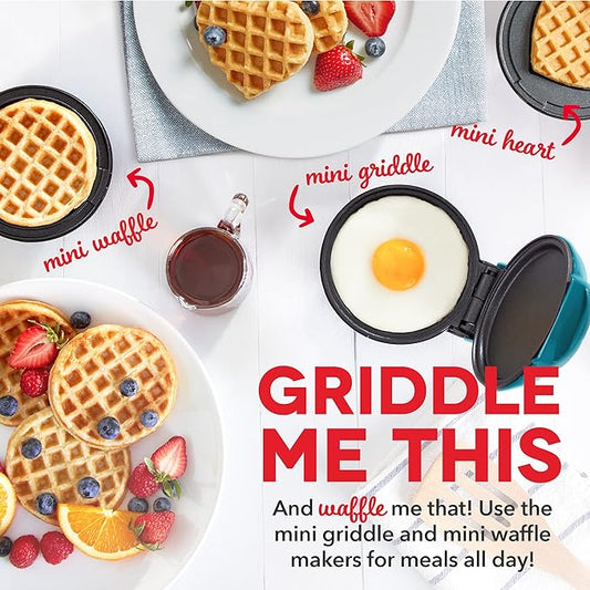Dash Mini Maker Set - Customized Treat Maker - Supports Multi-Function Cooking - Easy Cleanup and User-Friendly Design - Coral, Mint & Teal - Waffle, Griddle & Heart Shaped Waffle Irons