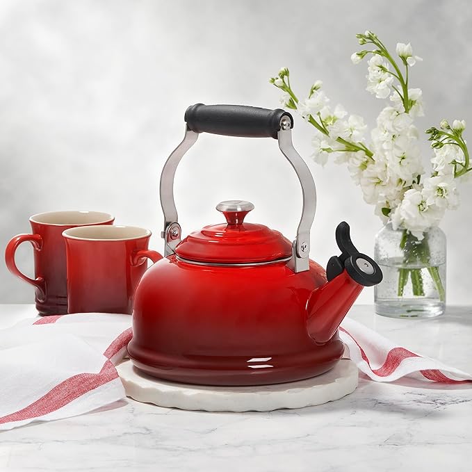Le Creuset Enamel On Steel Whistling Tea Kettle with Metal Finishes, 1.7 qt., Flame