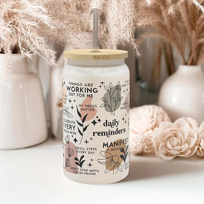 Daily Affirmation Iced Coffee Cup [Frosted], 16 oz Glass Cups with Bamboo Lids and Straws |Mason Jar Drinking & Glass Tumbler with Straw and Lid | Boba Cup, Beer Can for Mental Health
