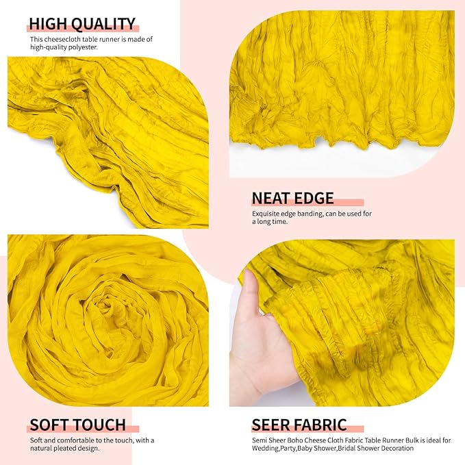 12 Pcs Lemon Yellow Cheesecloth Table Runner 10Ft, Gauze Table Runners 21.5 x 120 inch,Semi Sheer Cheese Cloth Fabric Runner Bulk for Wedding,Party,Baby Shower,Bridal Shower