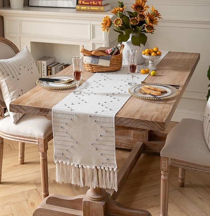 Boho Table Runner 13 x 60 Inch Long Natural Cotton Woven Runner with Tassels for Home Dining Table décor, for Modern Farmhouse Decor Coffee Table Runner, Grey and Beige