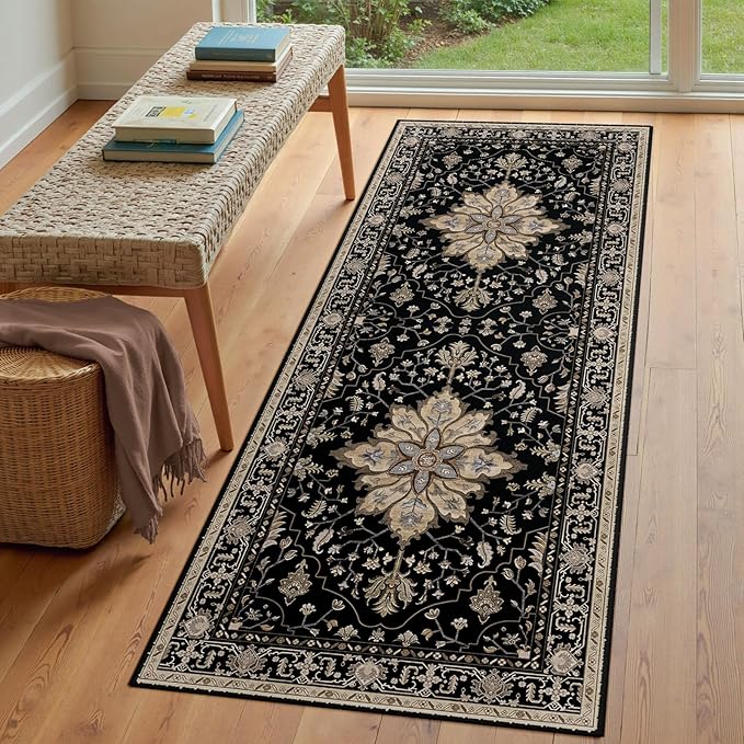 Area Rugs 3'x8' Runner Rug Non Slip Washable for Kitchen Hallway Bedroom Beside Laundry Room Bathroom Rug, Floor Carpet, Black Brown Neutral Dark Tan