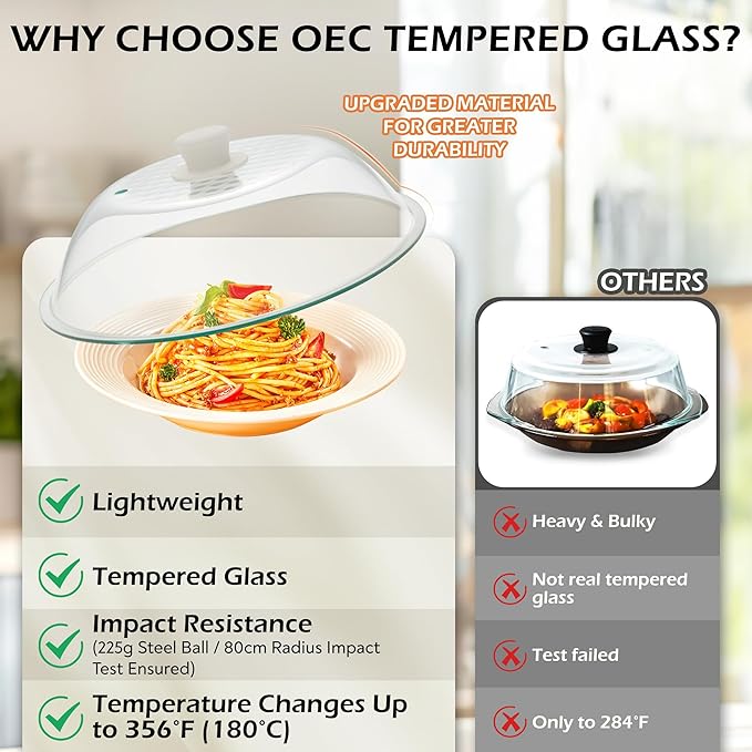 OEC Lighter Weight Tempered Glass Microwave Splatter Cover - 12.7 inch - Heat-Resistant & Impact-Resistant, Reinforced Glass Lid with Vent, Silicone Knob, Dishwasher Safe, 100% Food Grade - BPA Free