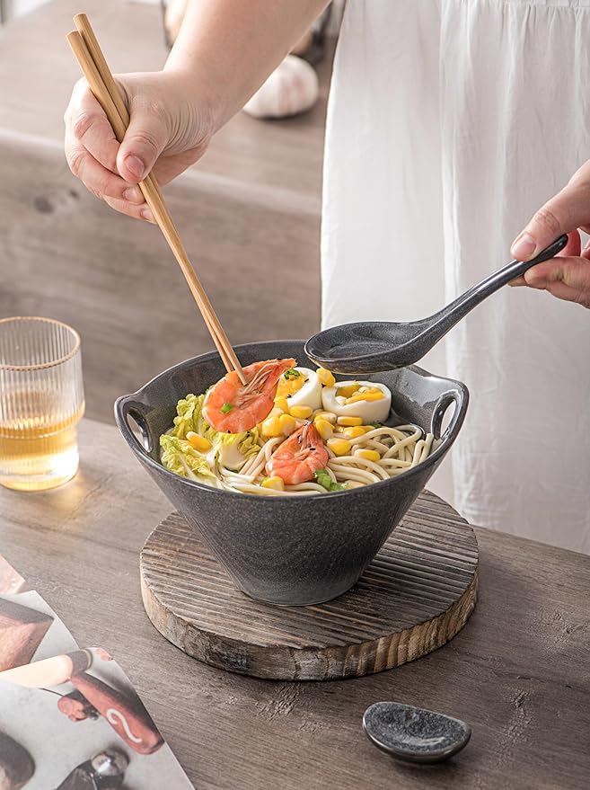 UNICASA Japanese Ramen Bowl Set with Chopsticks, Spoons and Rests, 26oz Deep Porcelain Noodle Bowl Set of 2 for Udon, Pho, Salad, Soup (Reactive Gray)