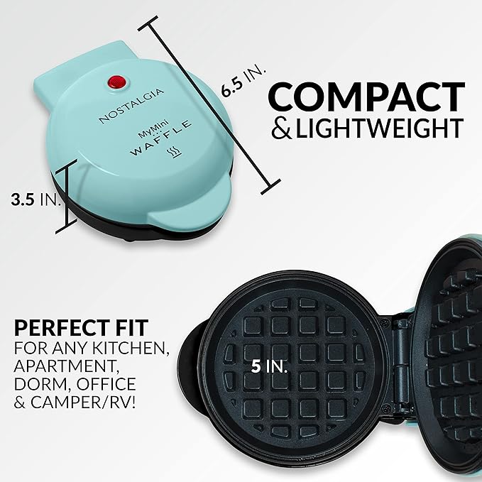 Nostalgia MyMini Personal Electric Waffle Maker, 5-Inch Cooking Surface, Hash browns, French Toast, Grilled Cheese, Quesadilla, Brownies, Cookies, Aqua