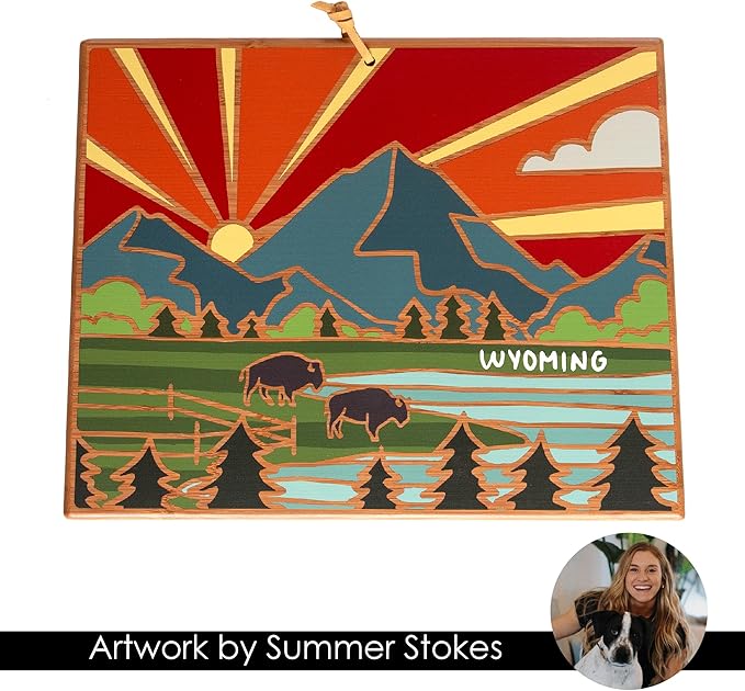 Totally Bamboo Wyoming State Shaped Cutting Board and Charcuterie Serving Platter with Artwork by Summer Stokes, Includes Hang Tie for Wall Display