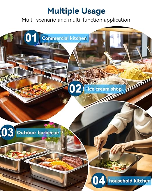 ZeroPone 4 Pack Hotel Pans with Lids, 1/2 Size 4" Deep Steam Table Pans, Stainless Steel Food Pans 22 Gauge Anti Jam 12.8" L x 10.4" W Commercial Food Storage Containers