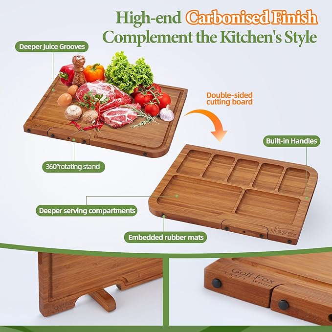 4-PCS Bamboo Cutting Board Set with Innovative Stand - Durable Double Sided Chopping Board with Juice Groove & Handle for Meal Prep, Meat, Fruit, Charcuterie Serving, Eco-Friendly Healthy Kitchen Gift