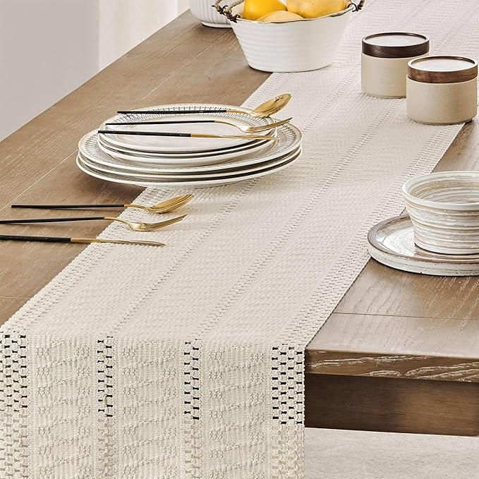 ZeeMart Macrame Style Boho Table Runner, Ivory Table Runners 48 Inches Long, Farmhouse Woven Home Decor, 12x48 Inch, Ivory