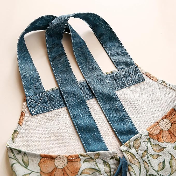 patdrea Blue Floral Linen Apron with Pocket,French Kitchen Garden Chef BBQ Aprons for Women and Men,Crisscross Back Straps