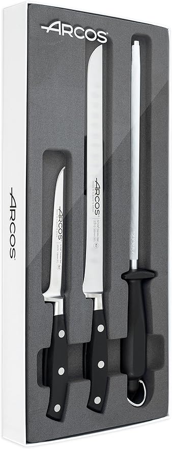 Arcos 3 pieces Nitrum Stainless Steel and mm blade. 753 gr Professional Cooking Knife For Cutting Variety of Foods Ergonomic Polyoxymethylene POM Handle. Series Riviera. Color Black.