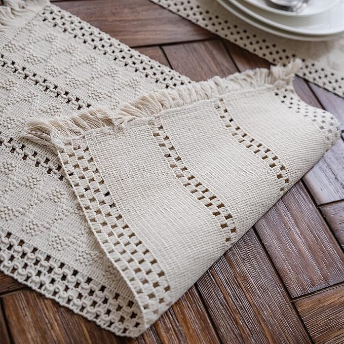 Alynsehom Macrame Table Runner Cream Beige Boho Table Runners with Tassels Hand Woven Cotton Table Runner Rustic Farmhouse Table Runners for Bohemian Kitchen Dining Table(12x108in)