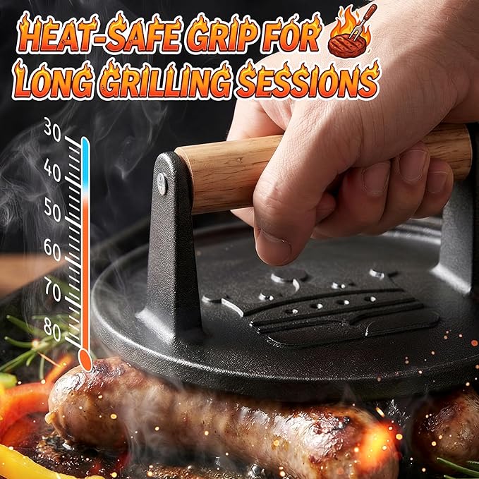 Smash Burger Press 6.5”, Flat Round Edge Cast Iron Grill/Bacon/Meat/Hamburger/Chef Press with Wood Handle, 1.74lb Burger Press Patty Maker for Griddles & Pans, Nonstick Hamburger Smasher Tool for BBQ