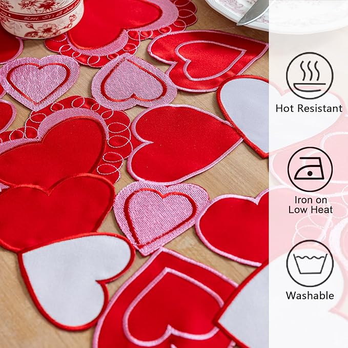 Valentines Day Table Runner, Embroidered Sweet Red Love Heart Table Runners, for Mother’s Day, Wedding Anniversary, Marriage Proposals, Engagements, Romantic Events Parties Decoration (14 ×59 inch)