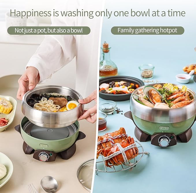 1L Portable Electric Hot Pot, All-in-One Mini Cooker (Steam/Boil/Fry) with 304 Stainless Steel Pot for Camping/Travel/Dorm, Non-Stick Pan for Cooking for 1 Person, FDA Certification