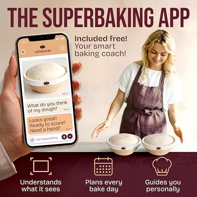 Superbaking Banneton Bread Proofing Basket Set of 2, 9" Splinter-Free Round Rattan Bread Basket with Liners, Sourdough Starter Kit, Sourdough Bread Baking Supplies & Sourdough Kit, Bread Making Tools