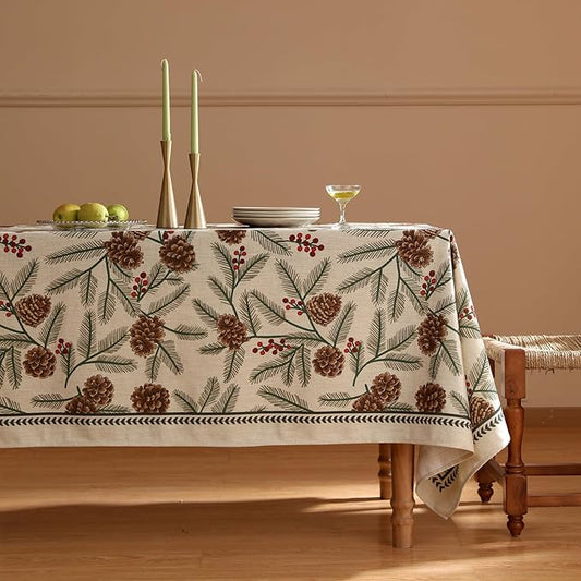 ISAENNE Designer Christmas Beige Linen Square Tablecloth,Pinecones Pattern Indoor Tablecloths,Wrinkle Resistant Decor Table Cloth for Dining Thanksgiving Kitchen Christmas,67"*67"-Carol B