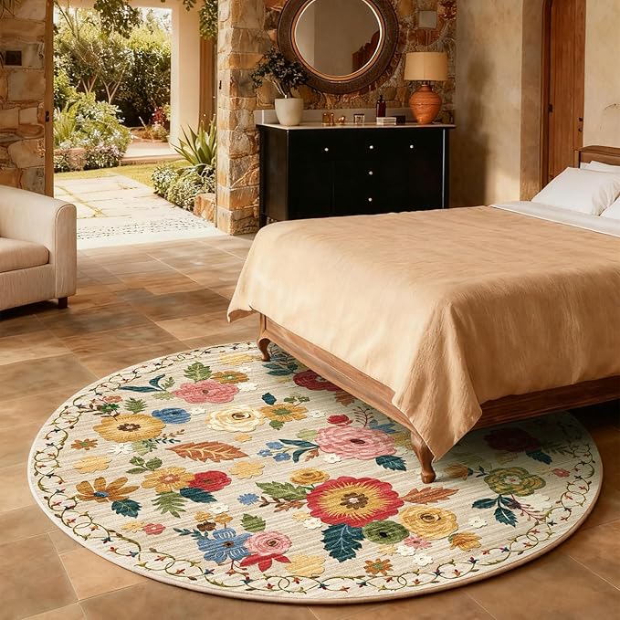 4x4 Round Bedroom Rug Washable: Round AreaRug Stain Resistant Floral Rug Non Slip Low Pile Small Carpet for Bedroom Kitchen Entryway Living Room Bedside Office Dorm Kids Room Entrance