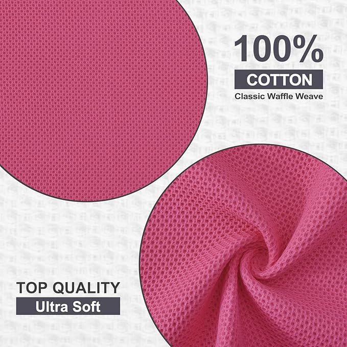 Kitinjoy 100% Cotton Kitchen Dish Cloths (12 X 12 Inches, Hot Pink), 6 Pack Waffle Weave Ultra Soft Absorbent Dish Towels for Drying Dishes Quick Drying Kitchen Towels Dish Rags