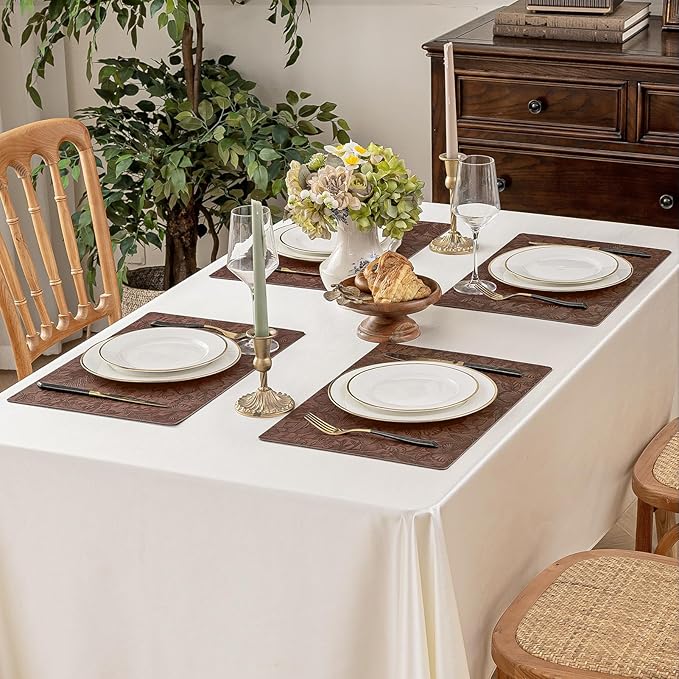 Romanstile Vinyl Placemats Set of 6-12 X 17 Inch - Heat Resistant Non-Slip Embossed Floral Place Mats 100% Waterproof Oilproof Wipeable Faux Leather Table Mats for Kitchen/Dining/Party, Brown