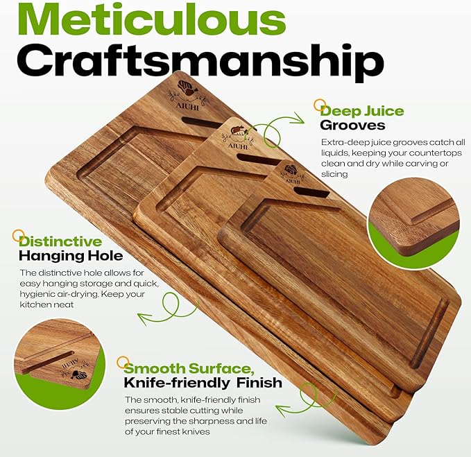 AIUHI Premium Wooden Cutting Boards for Kitchen, 3-Piece Acacia Wooden Chopping Board with Juice Groove, Organic Wood Cutting Board Set for Ideal Charcuterie, Meat & Vegetables
