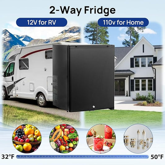 Smad Locking Mini Fridge 2.1 Cu Ft, Mini Fridge with Lock, 12V RV Refrigerator 2 Ways 12V DC/110V AC Semi Truck Refrigerator for RV, Truck, Office, Reversible Door, Black