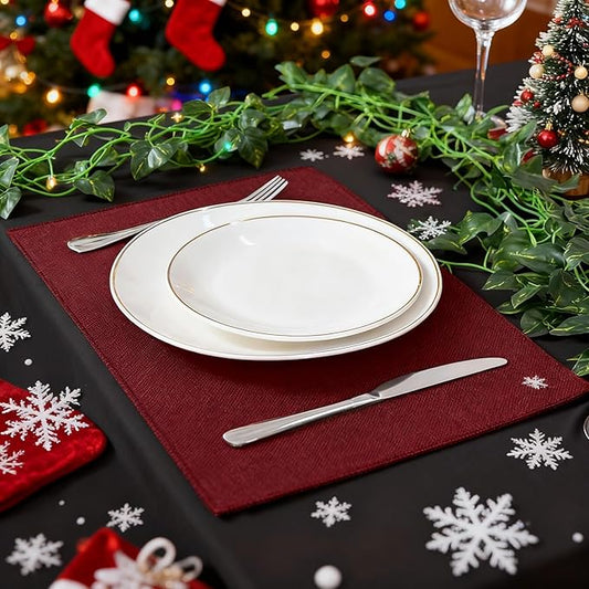 Linen Fabric Placemats Set of 4, Machine Washable, Heat Resistant, Wrinkle Free, Thick Polyester Kitchen Place Mats for Dining Table (Burgundy)
