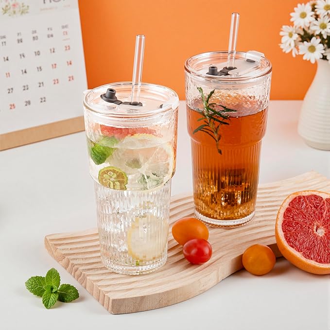 2PCS 20oz Glass Cups with Lids and Straws, Iced Coffee Cups with Lids, Stylish Ribbed Thick Drinking Glasses Tumbler for Juice, Smoothies, Cold Beverages, Cute Cup Gifts with Clean Brush