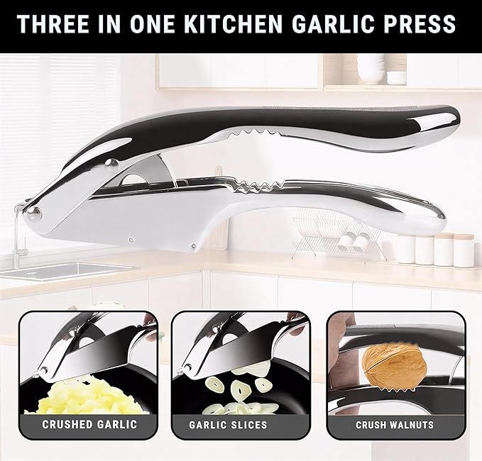 Premium 3-in1Heavy Duty Garlic Press –Stainless Steel Garlic Crusher & Ginger Mincer with Cleaning Tool | Rust-Proof, Easy-Squeeze Ergonomic Handles, Dishwasher Safe, Professional Kitchen Tool