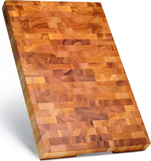 SHUMARU Mahogany End-Grain Wood Cutting Board – 20×13×1.6″ Butcher Block | Handmade in Bali – Silky-Smooth, Knife‑Friendly, Ergonomic Grips & Non‑Slip Feet