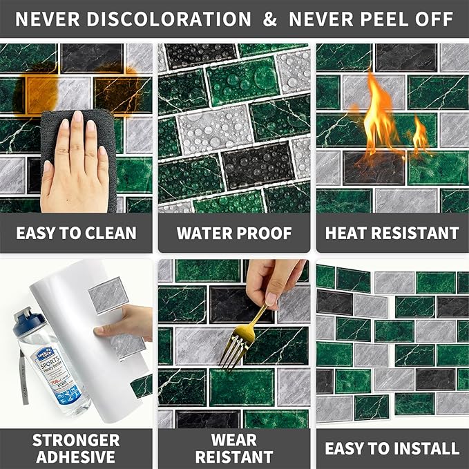 URCOLOR 10-Sheet Peel and Stick Backsplash Tile for Kitchen,12"x12" Self Adhesive Wall Tiles Stick on Back Splashes for Bathroom Green Marble Look