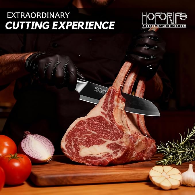 8" Santoku Knife, Japanese Hand Forged Chefs Knife High Carbon Steel Core with Black Wood Ergonomic Handle, Gift Box