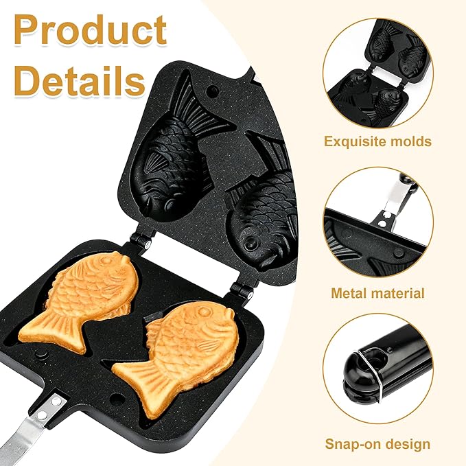 Taiyaki Fish Shape Cake Pan,Non-stick Double Waffle Cake Maker with Long Handle and Oil brush,for Dessert,Dorayaki,Red Bean Pie,mini Cheese Cake
