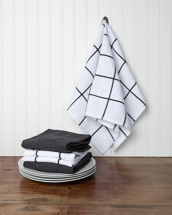 Sticky Toffee Cotton Kitchen Towels Set of 4, Gray and White, 28 x 16 in, Absorbent Reusable Hand and Dish Towels, Tea Towels, Oeko-Tex Certified