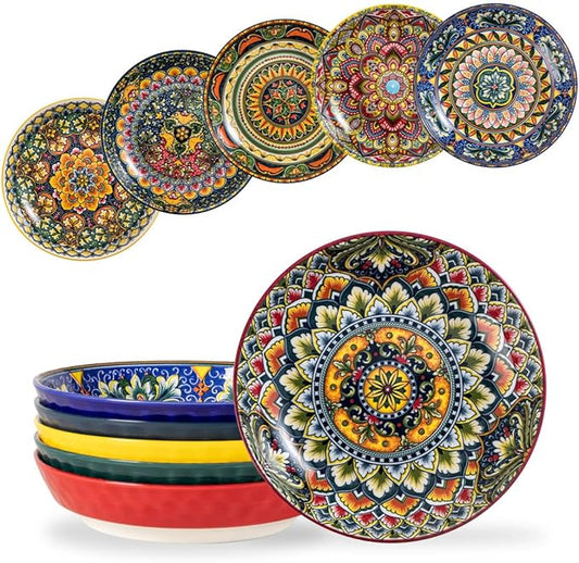Henten Home 32 oz Porcelain Pasta Bowls Set, Salad Bowl Set of 6, Ceramic Dinner Serving Bowls for Soup, Cereal, Fruit, Bohemia Style, Microwave & Dishwasher Safe