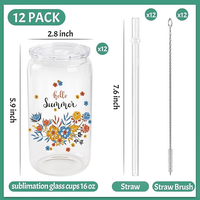 Joyclub 12 Pack Sublimation Cups 16 OZ Clear Glass Cans Blanks with Lids Mason Jars for Iced Coffee Beer Juice and Soda Drinks
