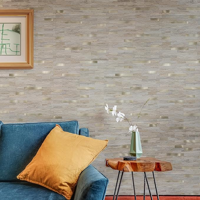 20 Sheets Kitchen Peel and Stick Backsplash Tiles, Beige with Metal Gold Look Stick on Backsplash for Kitchen, RV, Fireplace