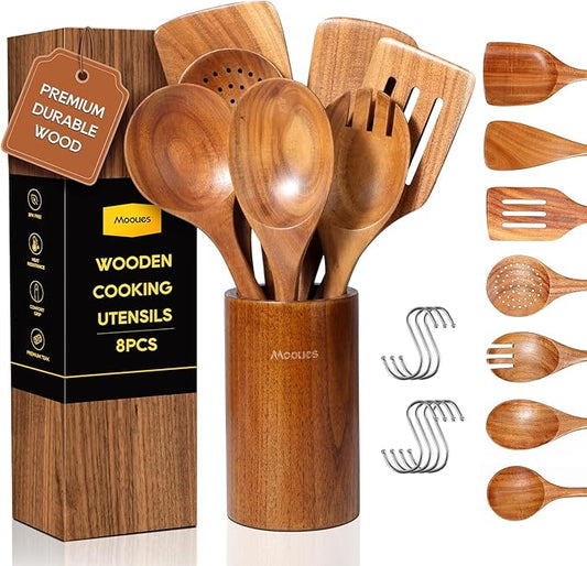 Wooden Spoons for Cooking, 8 PCS Teak Wood Cookware Utensil Set with Hooks - Smooth Finish, Non-Stick, Comfort Grip Cooking Spoons and Utensils Holder