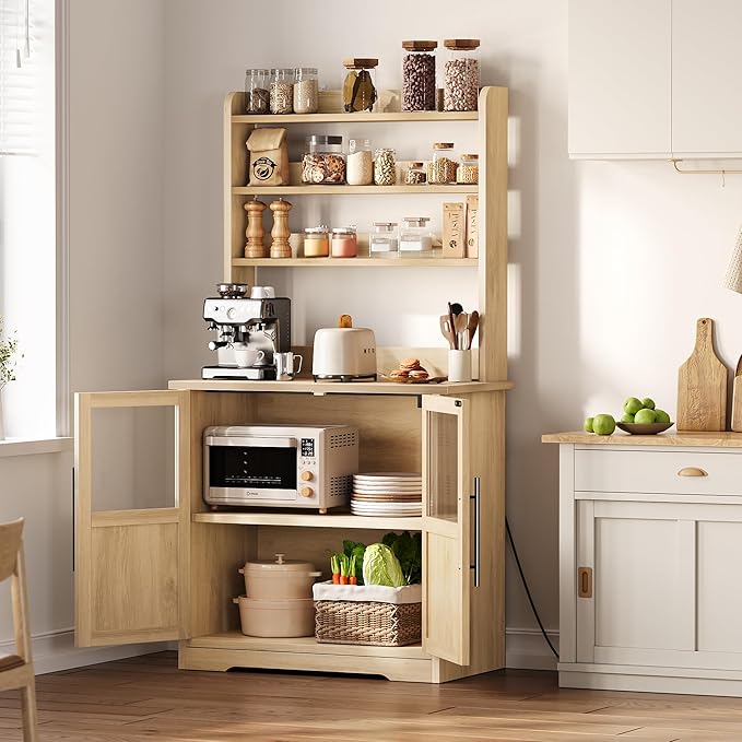 Garvee Farmhouse Bakers Rack with Glass Door, Microwave Stand with Power Outlets, Kitchen Hutch Pantry Cabinet, Kitchen Coffee Bar Cabinet for Spices, Dishes, and Pots, Wood