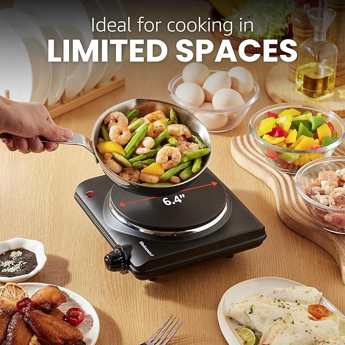 Elite Gourmet Countertop Electric Burner, 1000W Cast Iron Hot Plate, 7 Heat Settings, Portable Cooktop for RV, Dorm, Office & Small Kitchens, Road-Ready & Compact
