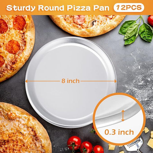 Rtteri 12 Pcs Pizza Pan Bulk Restaurant Aluminum Pizza Pan Set Round Pie Cake Plate Rust Free Cake Tray for Oven Baking Home Kitchen Restaurant Easy Clean (8 Inch)