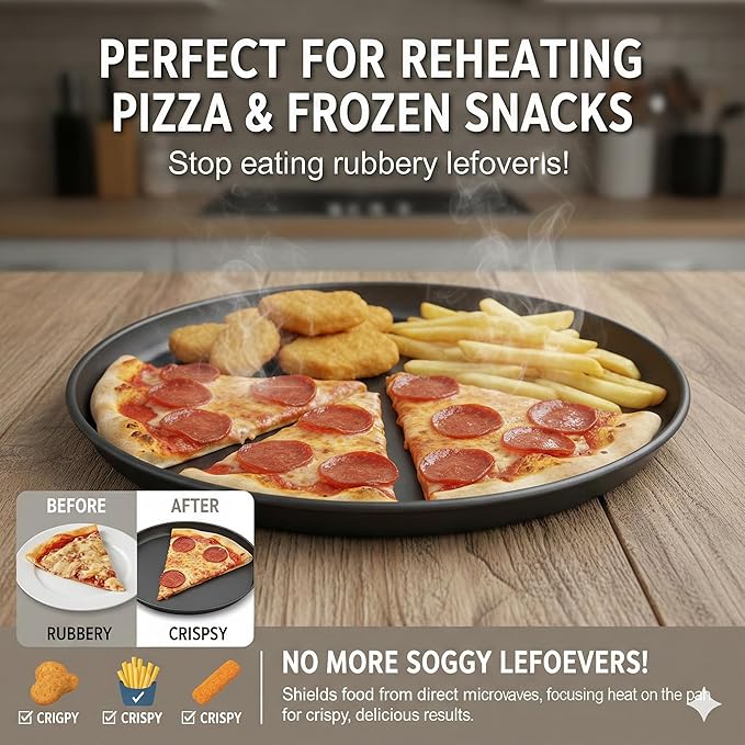 MACONEE 12inch Universal Microwave Crisper Pan/Microwave Cookware Crispy Plate Fry Pan, Microwave Cooker for Reheat Frozen Pizza, Chicken Nuggets French Toast with Crisp Effect!