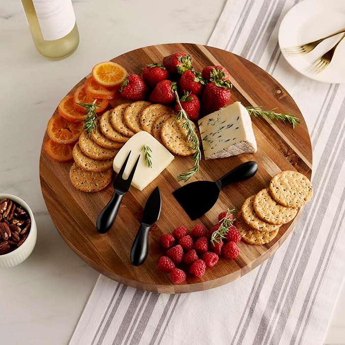Twine Acacia Cheese Board and Knife Set, Footed Cheese Snack Tray and Cheese Knives Set Cooking Accessories, 16inch Diameter