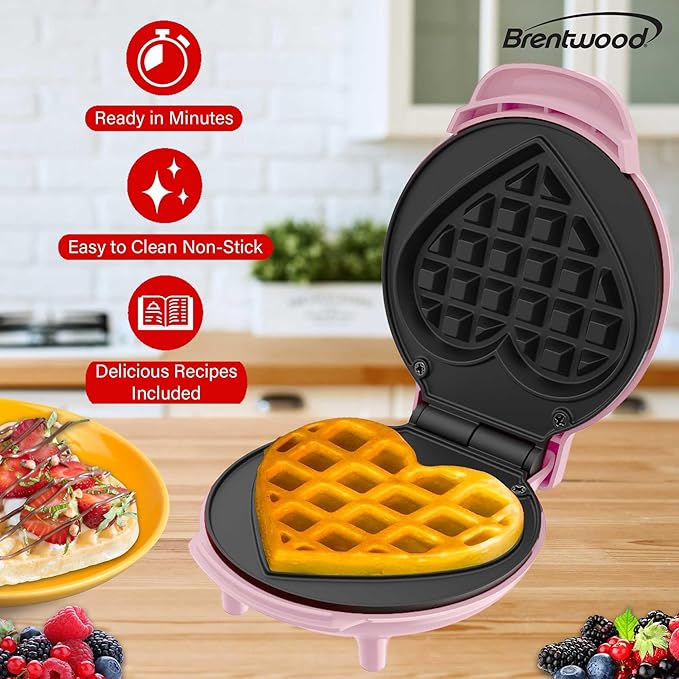 Brentwood 5” Non-Stick Mini Maker for Waffles, Keto Chaffles, Hash Browns, and More (Pink Heart)