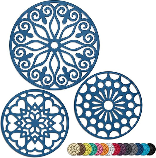 3 Set Silicone Trivet Mats with 1 Extra Large Included | Intricately Carved Insulated Flexible Durable Non Slip Thick Round Premium Trivets for Hot pots and Pans | Tardis Navy Blue