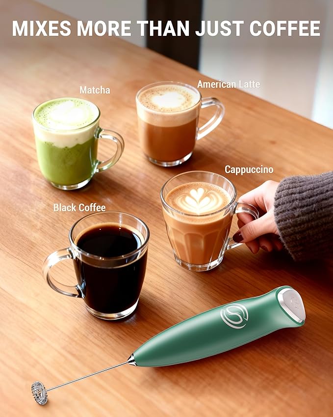 Milk Frother Handheld Frother Wand Drink Mixer Handheld Coffee Stirrers Electric Frother for Coffee Mixer Wand with 2 Whisk frother for protein powder coffee frother handheld-Green
