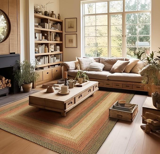 Homespice Russet Jute Braided Rugs for Bedroom 4x6' - Ideal as Multicolor Country Rugs for Living Room and Bedroom